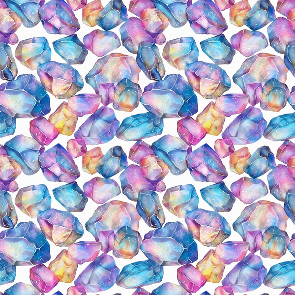 Pattern of colorful, faceted crystals in pink, purple, blue, and yellow hues on a white background.