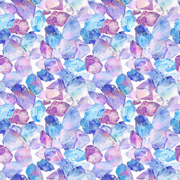 Pattern of watercolor gemstones in shades of purple, blue, and pink.