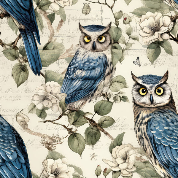 Illustrated blue and white owls perched on branches with green leaves and white flowers, set against a background of handwritten text and sketches.