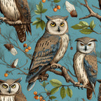 Illustrated owls perched on branches with leaves and berries against a blue background. Some branches have small orange fruits and white flower petals.