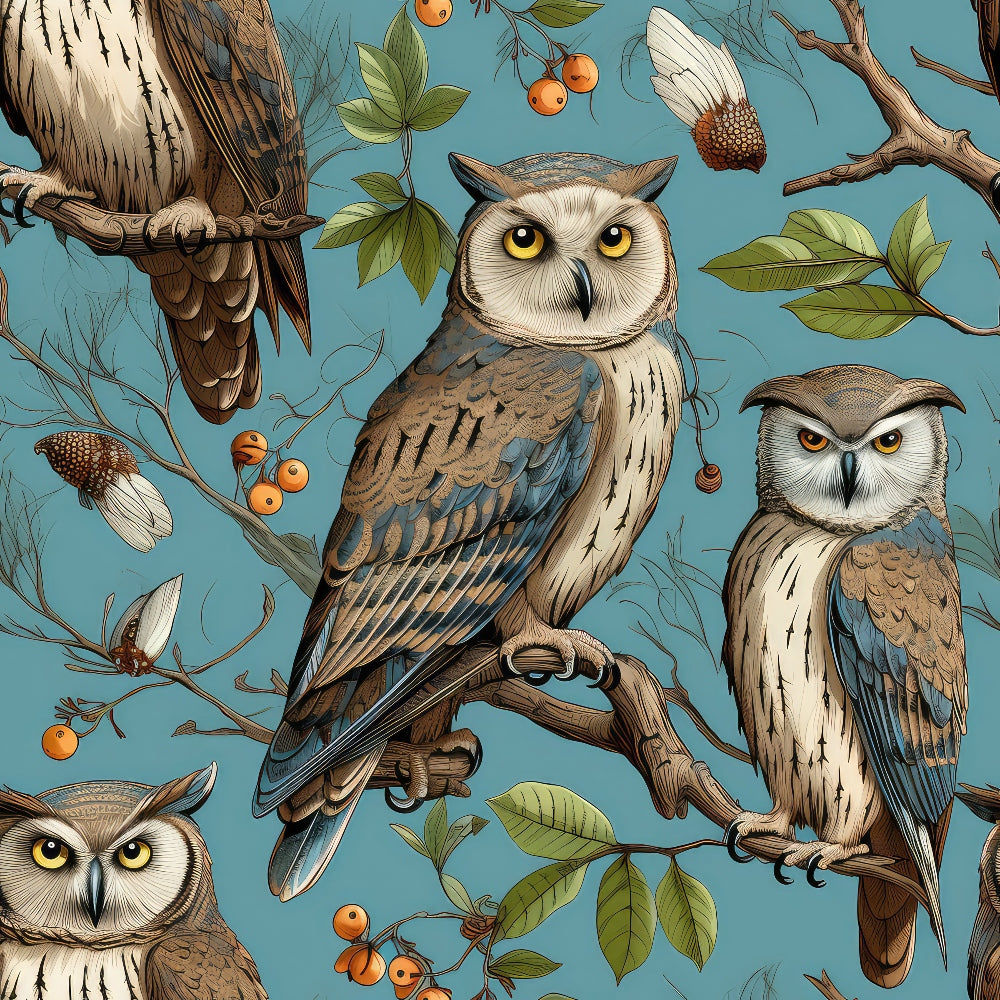 Illustrated owls perched on branches with leaves and berries against a blue background. Some branches have small orange fruits and white flower petals.