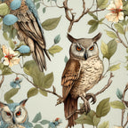 Illustrated scene of owls perched among branches with leaves and flowers, featuring two visible owls and various floral elements.