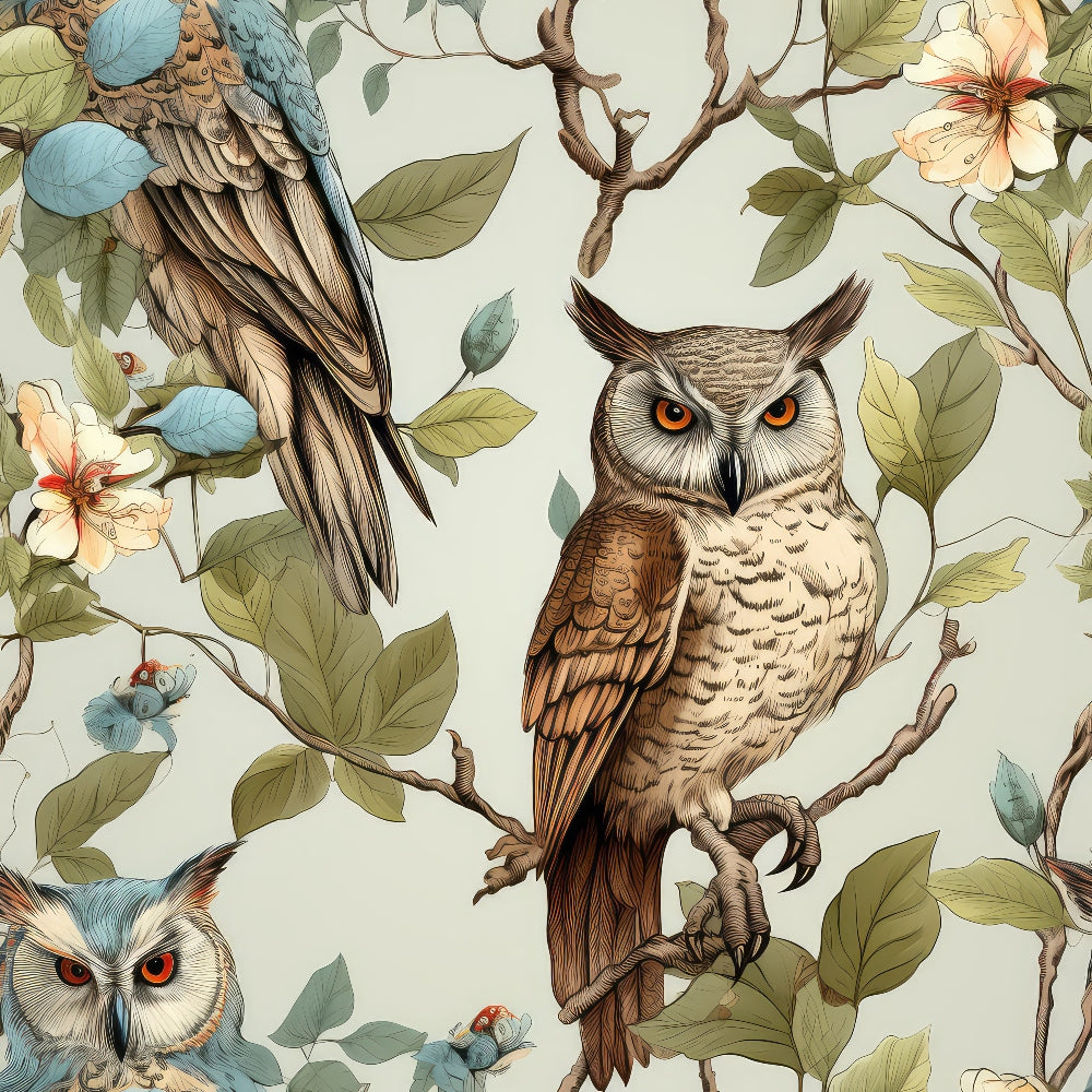 Illustrated scene of owls perched among branches with leaves and flowers, featuring two visible owls and various floral elements.
