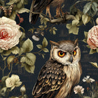 Illustrated owl with vivid eyes surrounded by roses, butterflies, and leaves on a dark background.