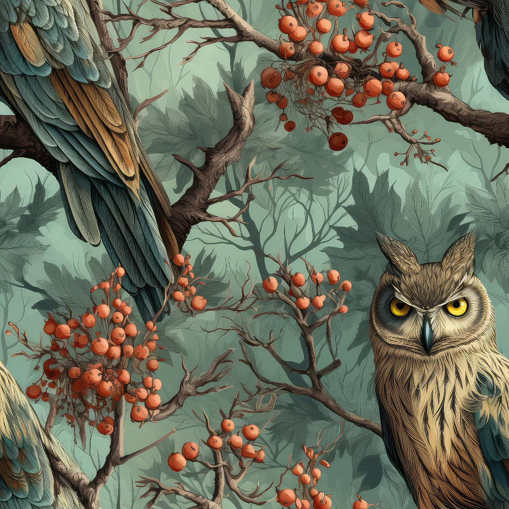 Illustrated owl with intense eyes sits among tree branches with clusters of red berries and lush green leaves.