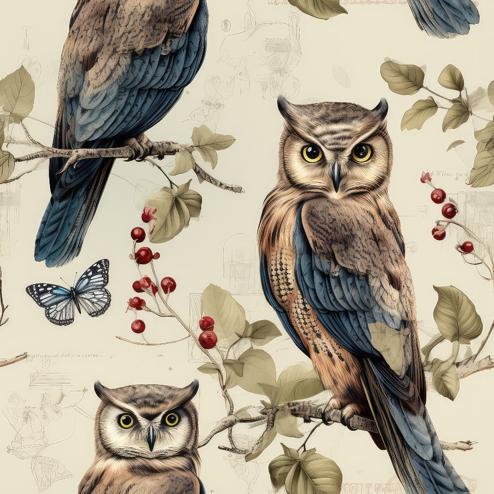 Illustrated owls perched on branches with leaves and red berries, accompanied by a butterfly on a beige background.