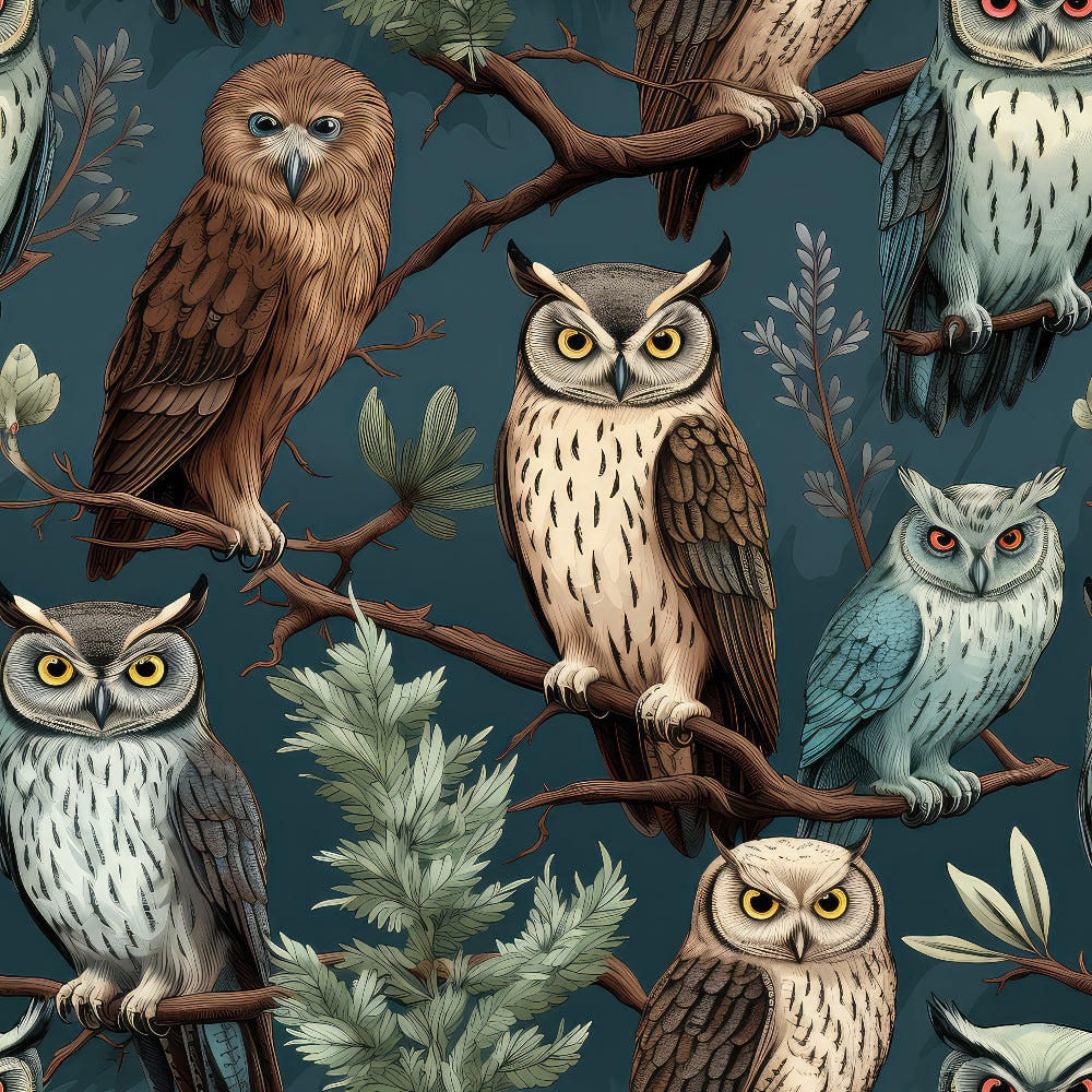 Illustrated owls in various colors perched on branches against a dark background with leafy accents.
