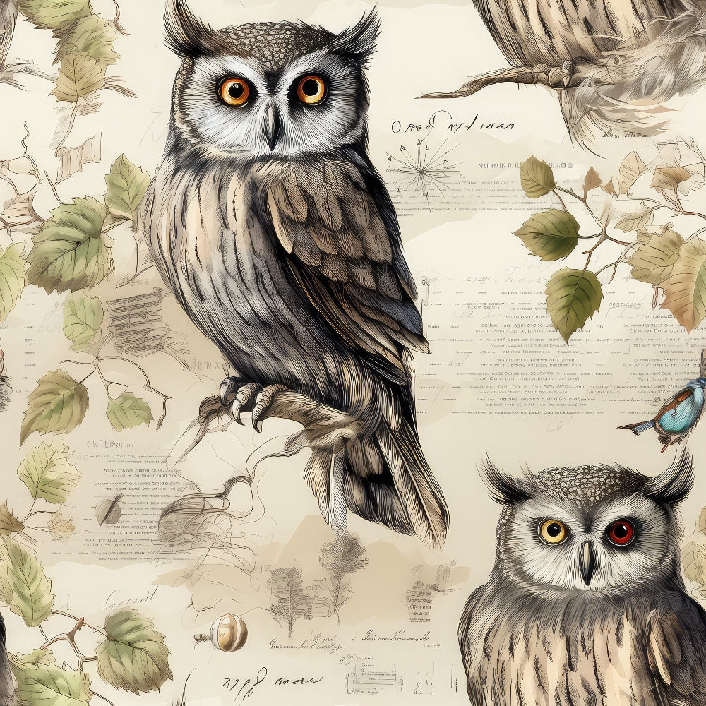 Illustration of owls perched on branches with leaves. Background features scientific sketches, script, and symbols, creating a vintage, nature-themed design.