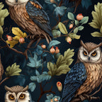 Illustration of owls perched on branches surrounded by leaves and flowers against a dark background.