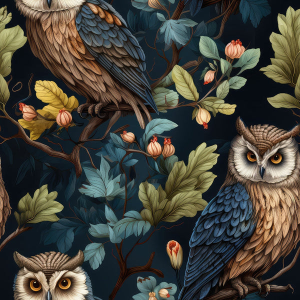 Illustration of owls perched on branches surrounded by leaves and flowers against a dark background.