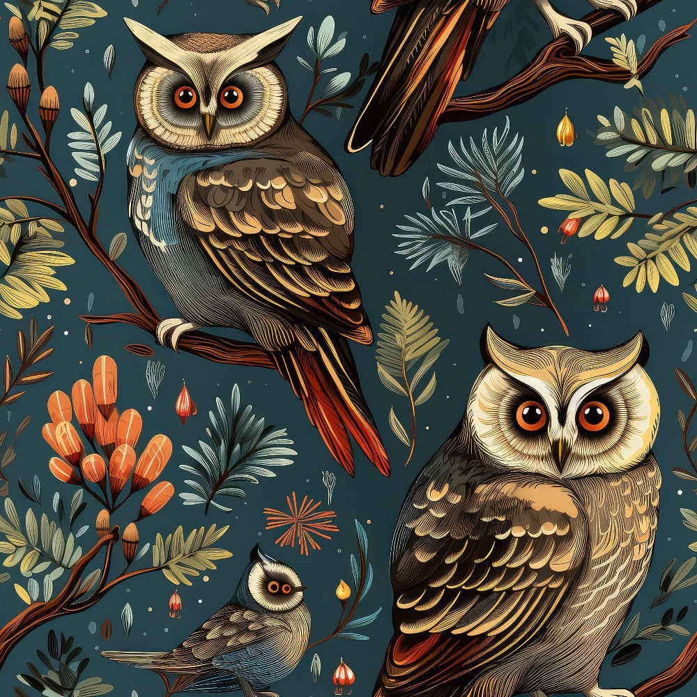 Illustrated owls perched among colorful branches and leaves, against a dark blue background with scattered small stars.