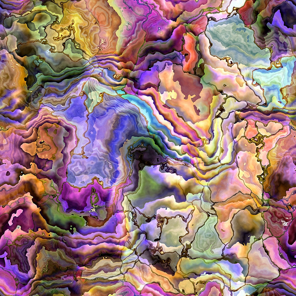 Abstract image featuring vibrant, multicolored swirling patterns resembling a marbled texture with hues of purple, green, yellow, and pink.