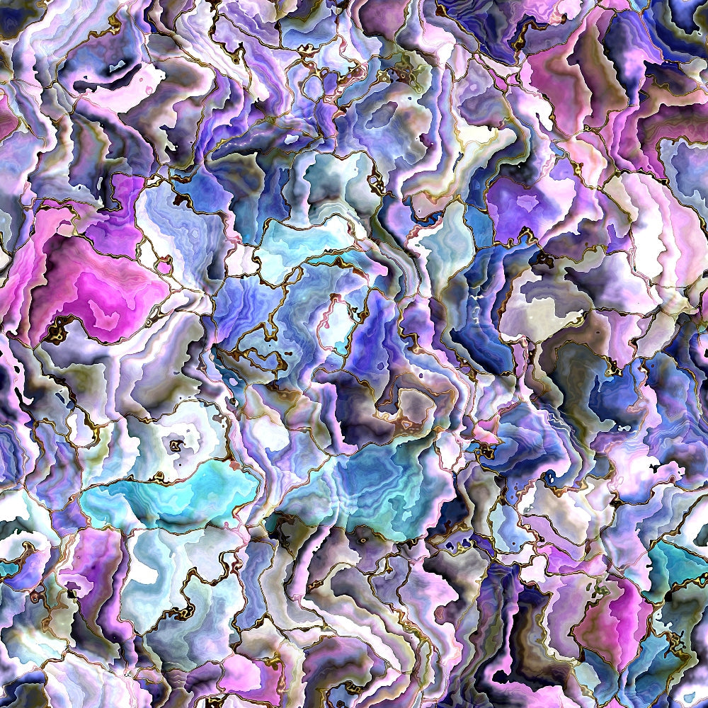 Abstract pattern with swirling shapes in purple, blue, pink, and gold tones, resembling marbled stone or watercolor paint.