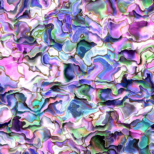Abstract pattern with swirling shapes and vibrant colors, including pink, blue, green, and purple. Resembling marble or agate textures with flowing lines and irregular forms.