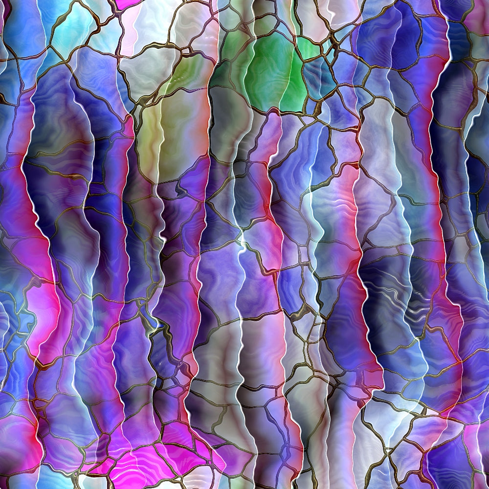 Abstract image with wavy, multicolored patterns resembling stained glass. Features a mix of purple, blue, green, and pink hues with gold outlines.