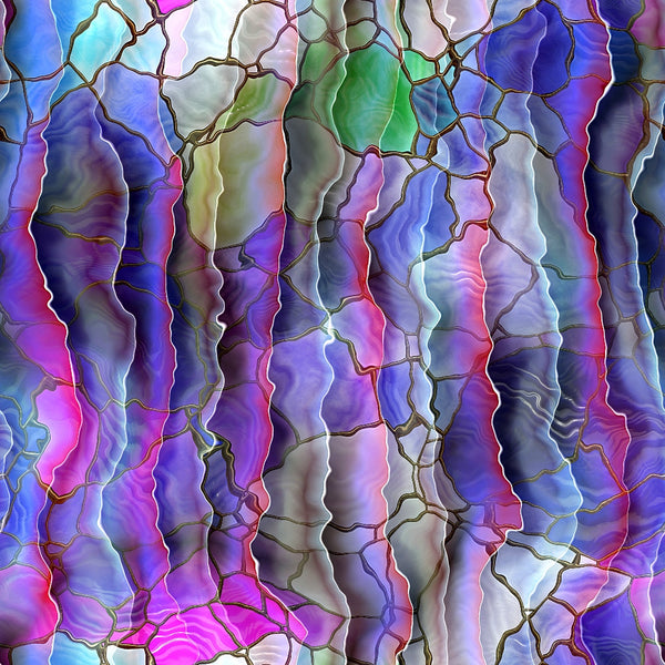 Abstract image with wavy, multicolored patterns resembling stained glass. Features a mix of purple, blue, green, and pink hues with gold outlines.
