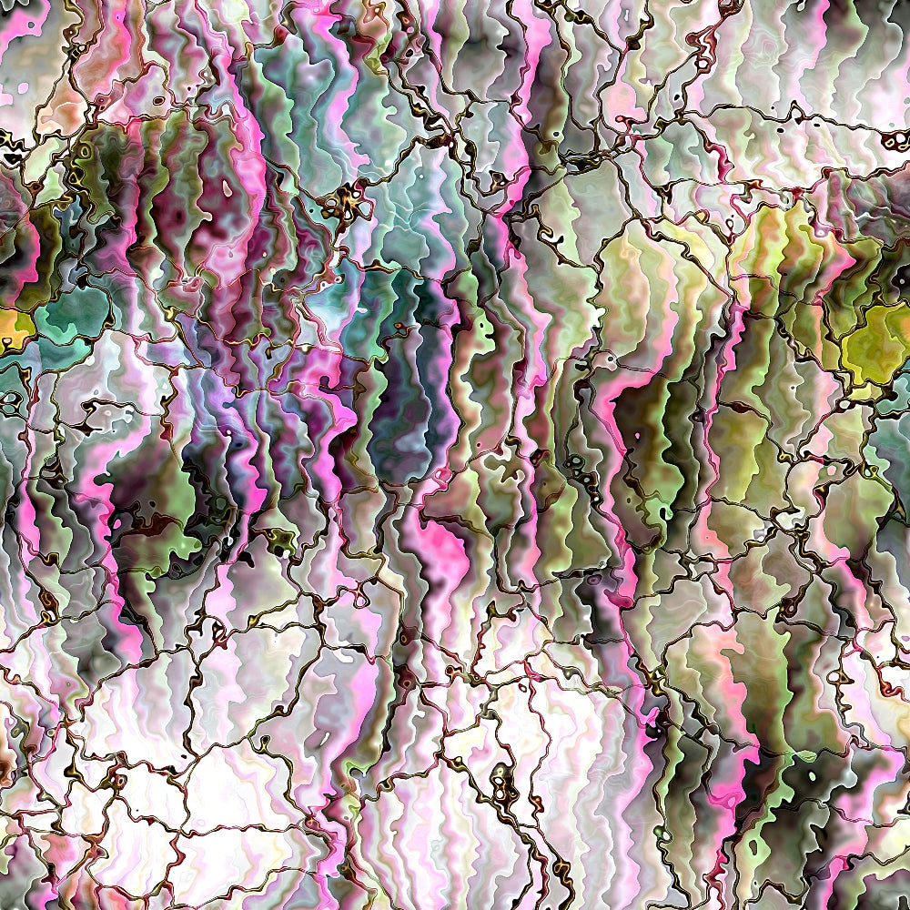 Abstract image with wavy, multicolored patterns in shades of pink, green, and yellow, featuring dark lines outlining irregular shapes.