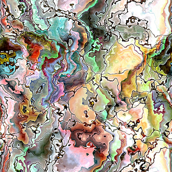 Abstract image with swirls of multicolored patterns in blues, greens, reds, and browns, creating a marbled effect with intricate, wavy lines.