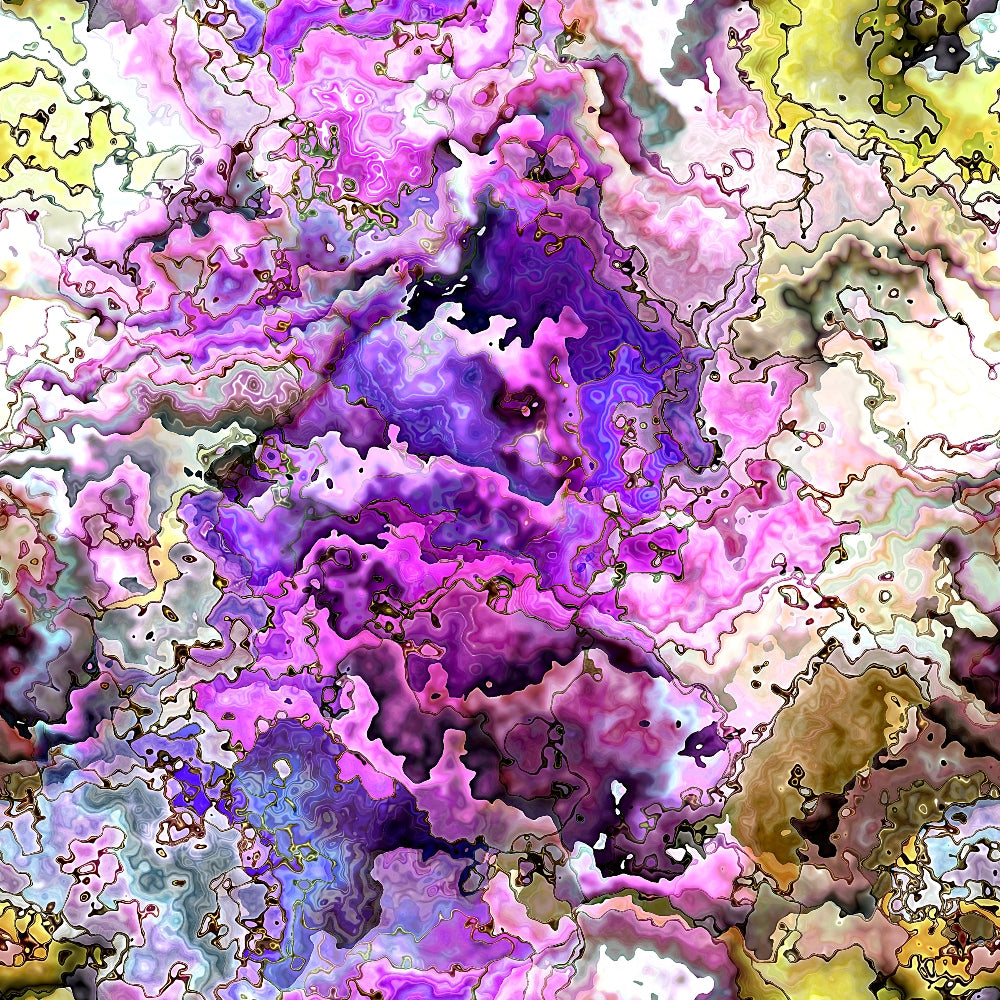 Abstract image with swirling patterns in pink, purple, yellow, and neutral tones, resembling a chaotic, fluid landscape.