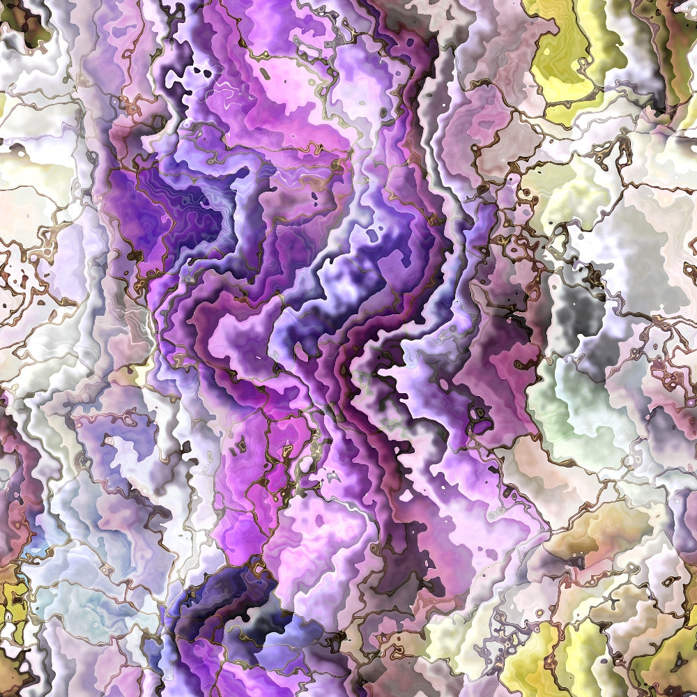 Abstract image with swirling patterns in shades of purple, pink, and green, resembling a topographical map with textured layers and organic shapes.