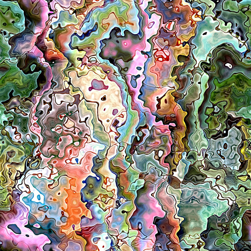 Abstract artwork with swirling patterns of vibrant colors, including pink, green, blue, and orange, resembling a marbled or fluid design.
