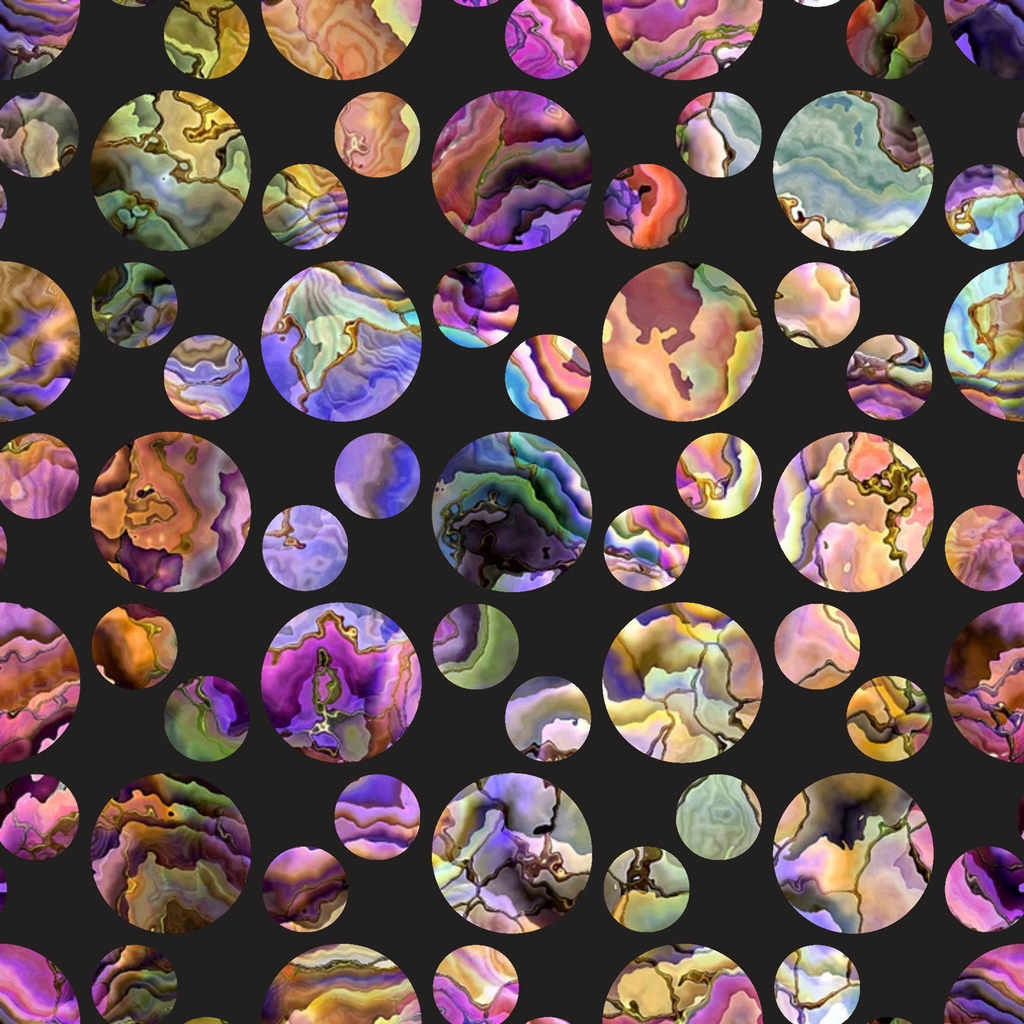 oyster shells, iridescent colors, purple hues, pink tones, green shades, blue accents, rainbow colors, mother of pearl, circular pattern, geometric circles, ocean inspired, seashell motif, natural textures, shimmery finish, holographic effect,, fabric panel, marine theme, lustrous surface, varied sizes