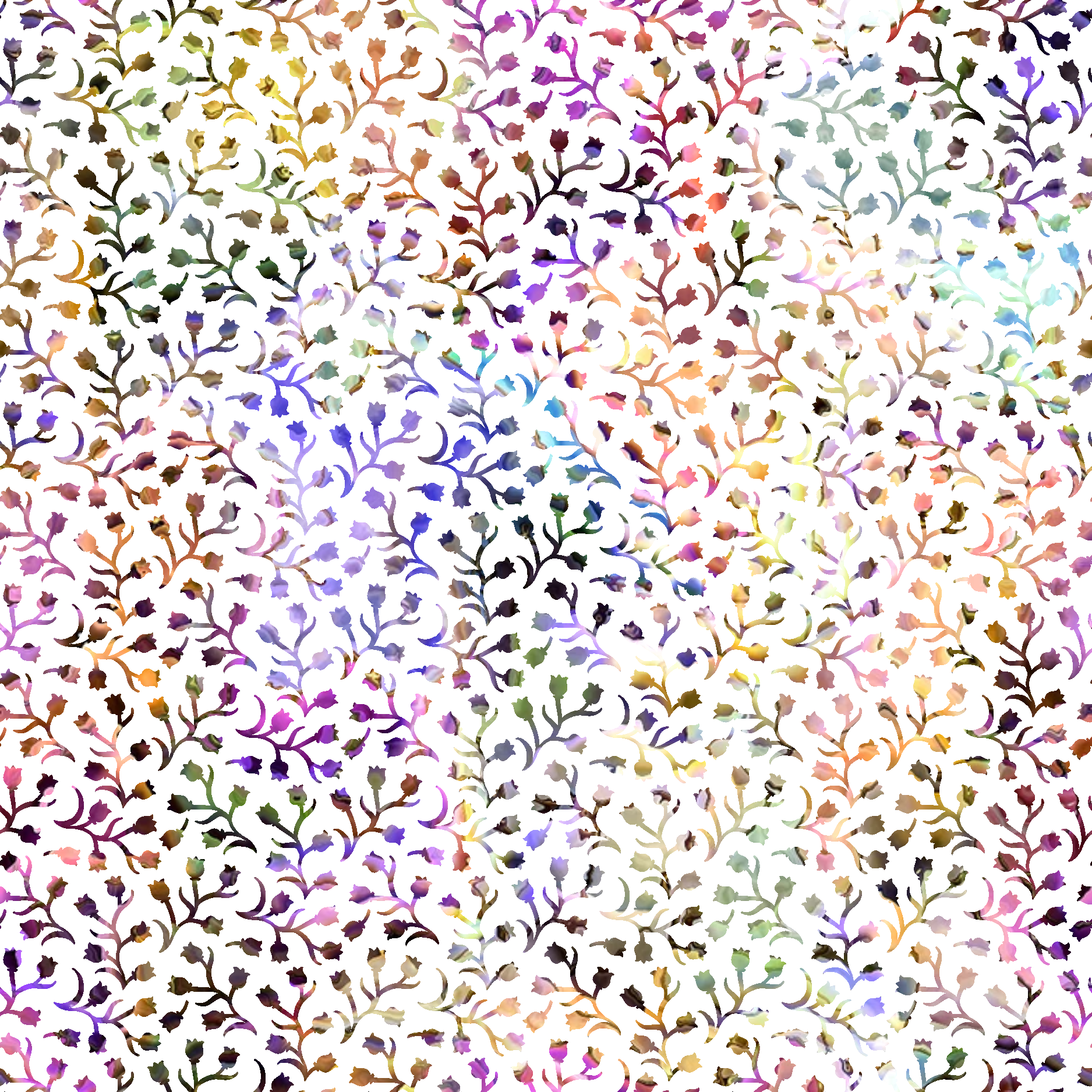 floral pattern, botanical design, branch motifs, leaf clusters, watercolor style, purple hues, pink tones, blue shades, green accents, multicolored, pastel palette, delicate branches, small flowers, organic pattern,, fabric panel, whimsical design, nature inspired, soft colors, artistic print