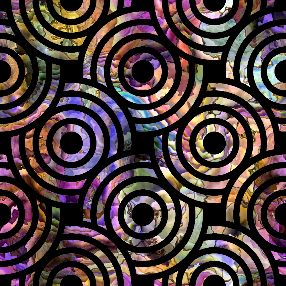 oyster shell, iridescent, circular patterns, concentric circles, mother of pearl, purple, lavender, gold, green, rainbow colors, holographic effect, geometric design,, fabric panel, swirling motifs, metallic sheen, abstract circles, nautical theme, ocean inspired, repeating pattern