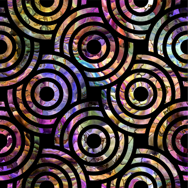 oyster shell, iridescent, circular patterns, concentric circles, mother of pearl, purple, lavender, gold, green, rainbow colors, holographic effect, geometric design,, fabric panel, swirling motifs, metallic sheen, abstract circles, nautical theme, ocean inspired, repeating pattern
