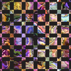 oyster shells, iridescent colors, purple hues, golden yellows, peacock blues, emerald greens, coral pinks, mother of pearl, marbled patterns, swirled textures, organic shapes, lustrous finish,, fabric panel, oceanic theme, seashell motifs, fluid designs, jewel tones, natural formations, checkerboard layout