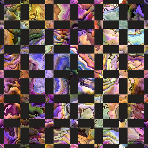 oyster shells, iridescent colors, purple hues, golden yellows, peacock blues, emerald greens, coral pinks, mother of pearl, marbled patterns, swirled textures, organic shapes, lustrous finish,, fabric panel, oceanic theme, seashell motifs, fluid designs, jewel tones, natural formations, checkerboard layout