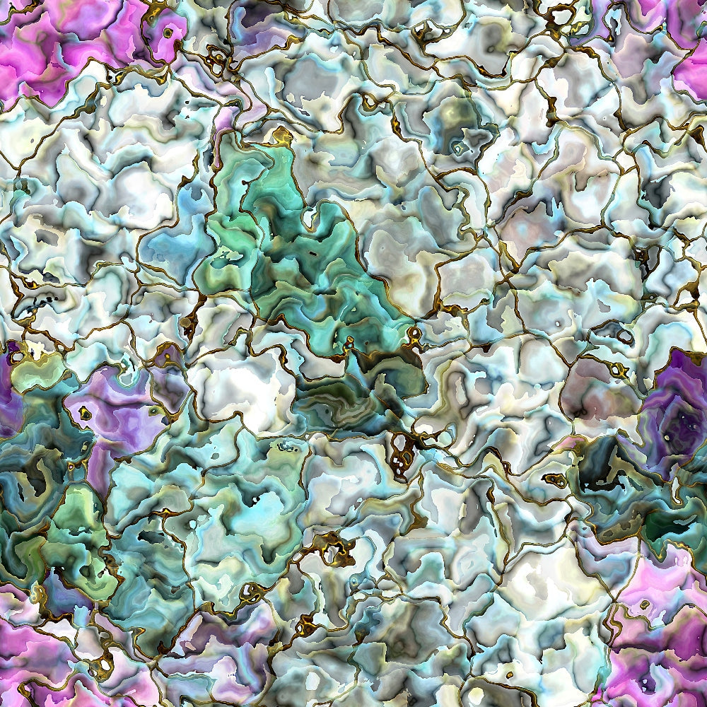 Abstract pattern with swirling shapes in various shades of green, purple, pink, and blue, resembling marbled texture.