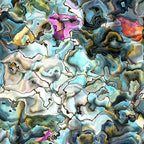 Abstract artwork featuring swirling patterns of blue, green, pink, and gold tones with marbled textures and fluid shapes.