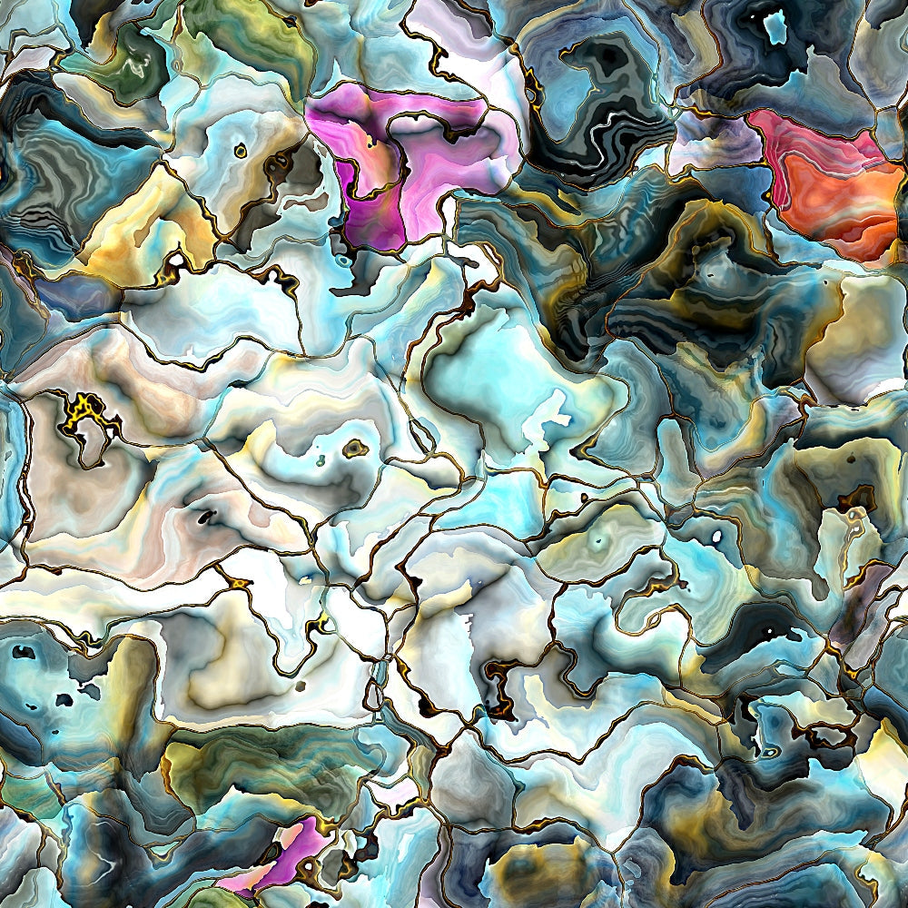 Abstract artwork featuring swirling patterns of blue, green, pink, and gold tones with marbled textures and fluid shapes.