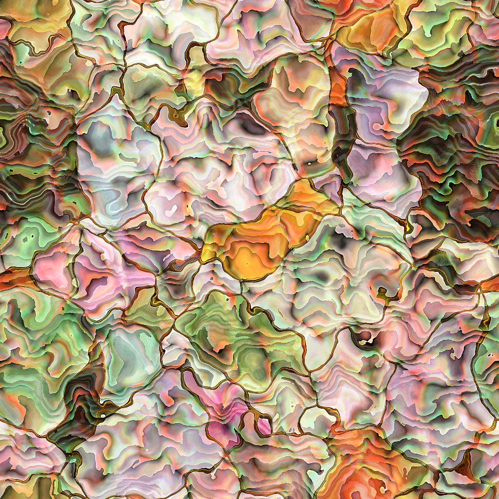 Abstract image with swirling, multicolored patterns resembling marbled paint in shades of green, orange, pink, and brown.