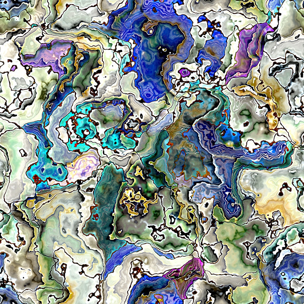 Abstract image with swirling, marbled patterns in blue, green, and white tones, resembling a topographical map or fluid landscape.