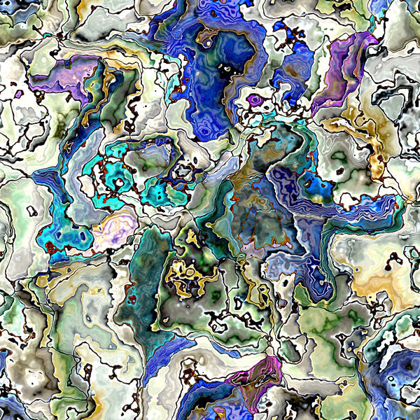 Abstract image with swirling, marbled patterns in blue, green, and white tones, resembling a topographical map or fluid landscape.