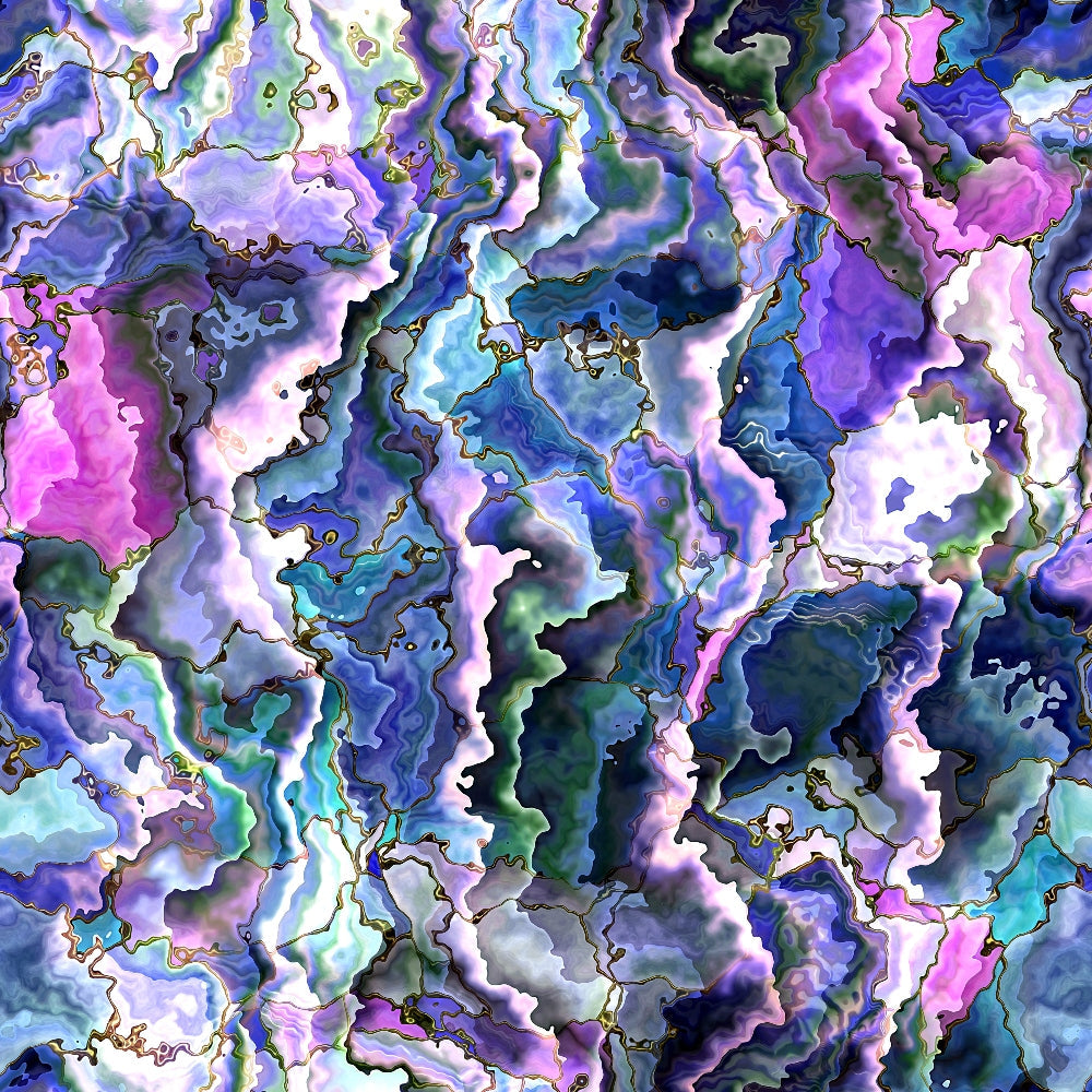Abstract pattern featuring swirling waves of purples, blues, and greens with gold accents.