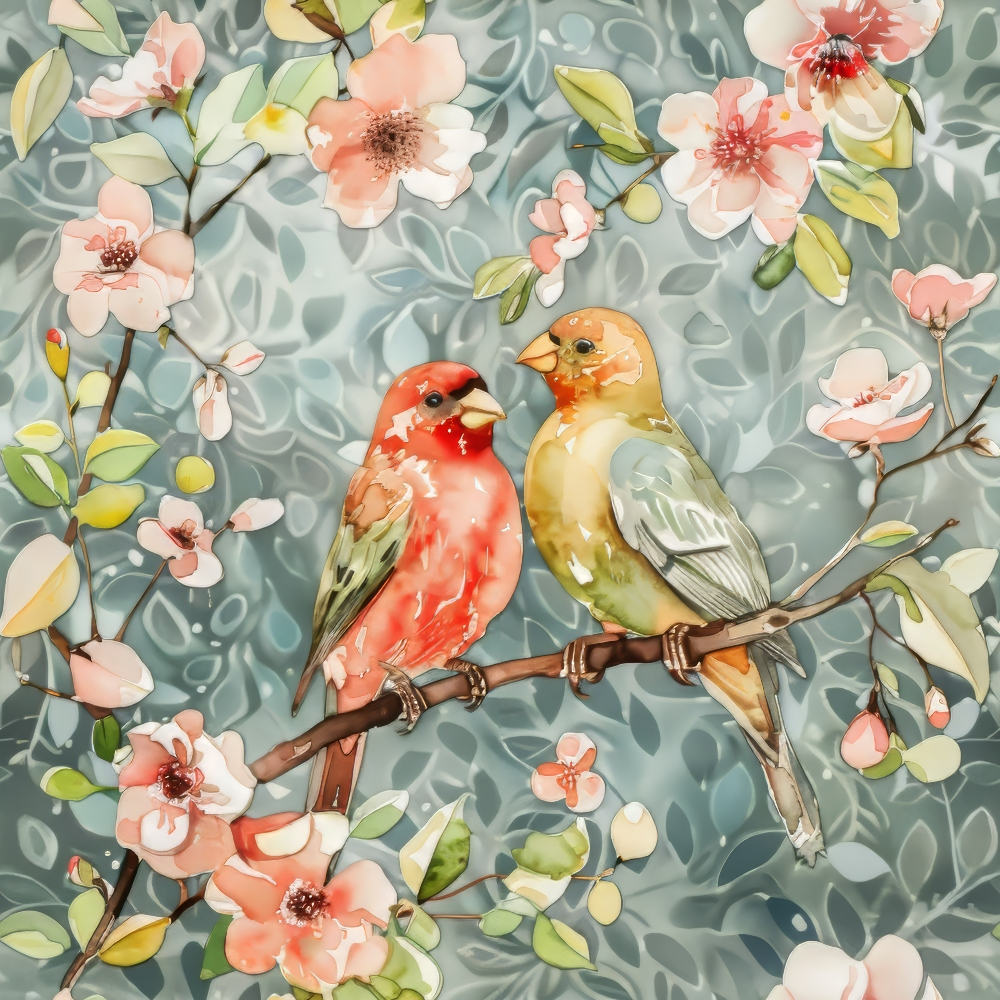 Two stylized birds, one red and one yellow-green, perch on a branch amidst pink blossoms and green leaves against a soft, patterned background.