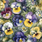 pansy flowers, purple petals, yellow centers, blue blooms, lavender hues, white flowers, green foliage, floral pattern, botanical design,, fabric panel, garden flowers, spring blooms, realistic style, dense arrangement, vibrant colors, nature motif, cottage garden, flower faces, seamless repeat