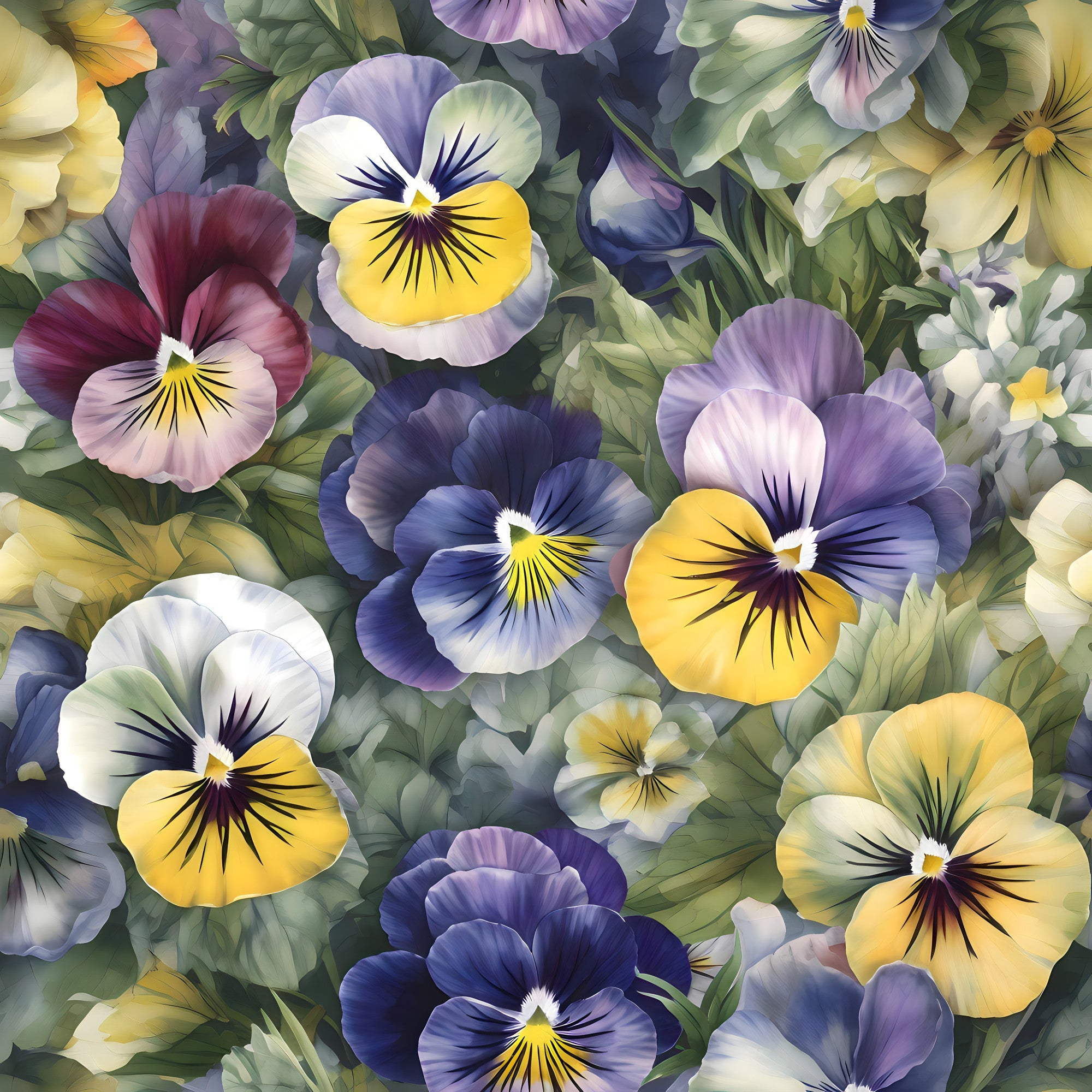 pansy flowers, purple petals, yellow centers, blue blooms, lavender hues, white flowers, green foliage, floral pattern, botanical design,, fabric panel, garden flowers, spring blooms, realistic style, dense arrangement, vibrant colors, nature motif, cottage garden, flower faces, seamless repeat
