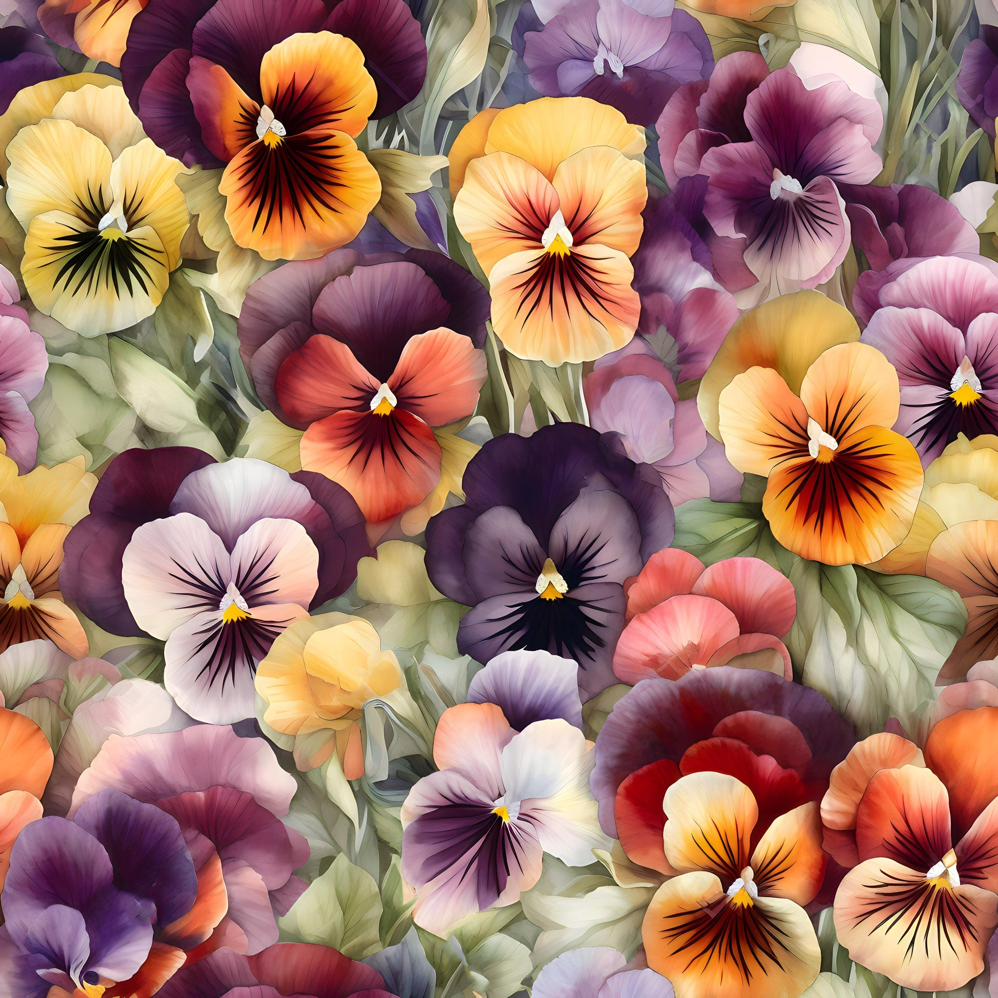pansy flowers, purple petals, orange blooms, yellow pansies, coral flowers, burgundy petals, lavender blossoms, floral pattern, botanical design,, fabric panel, garden flowers, spring blooms, watercolor style, soft pastels, green foliage, realistic flowers, dense floral, cottage garden, vibrant colors