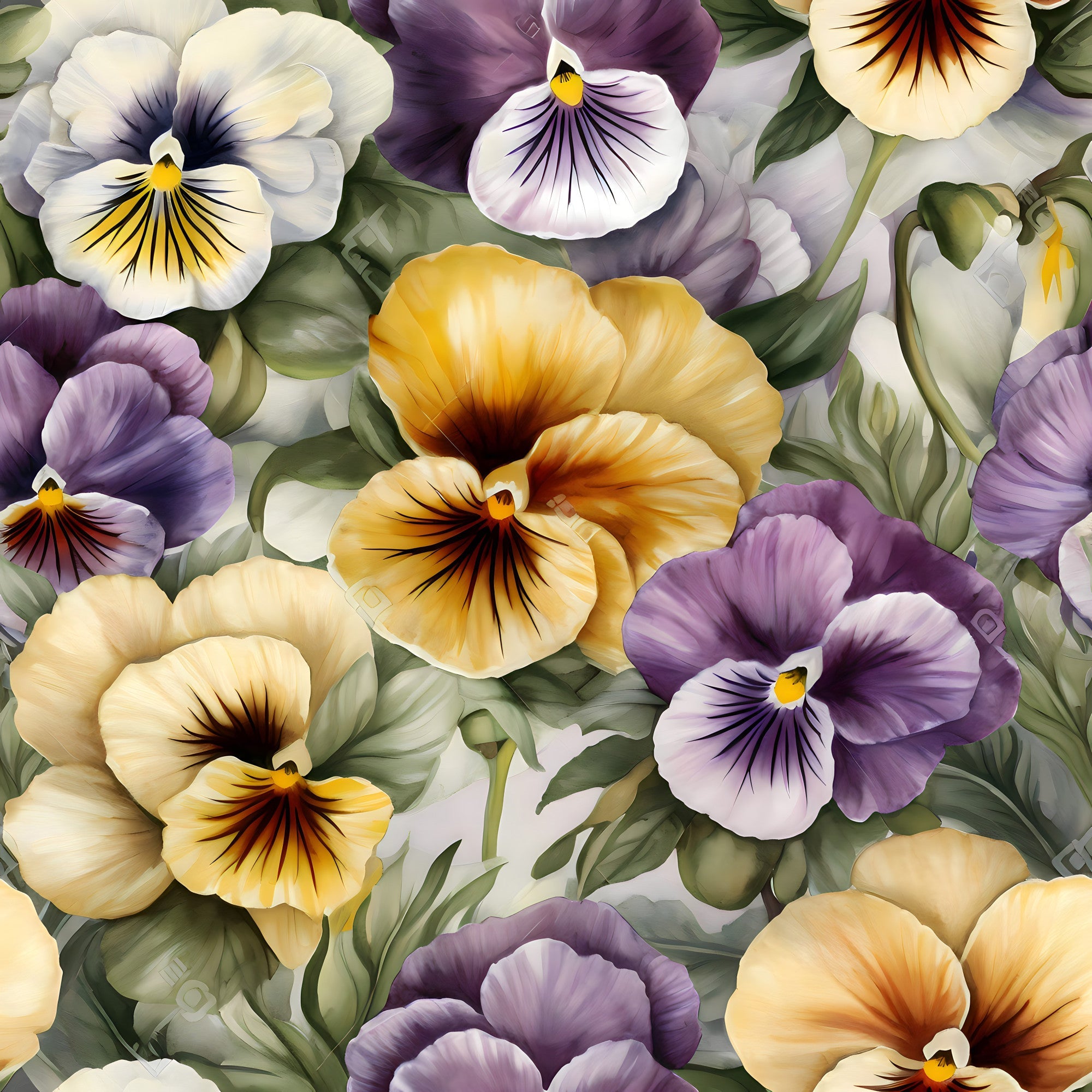 pansy flowers, purple pansies, yellow pansies, cream pansies, floral pattern, botanical design,, fabric panel, realistic flowers, garden flowers, spring blooms, delicate petals, green leaves, soft pastels, detailed illustration, seamless pattern, nature motif, flower faces, cottage garden, quilting fabric