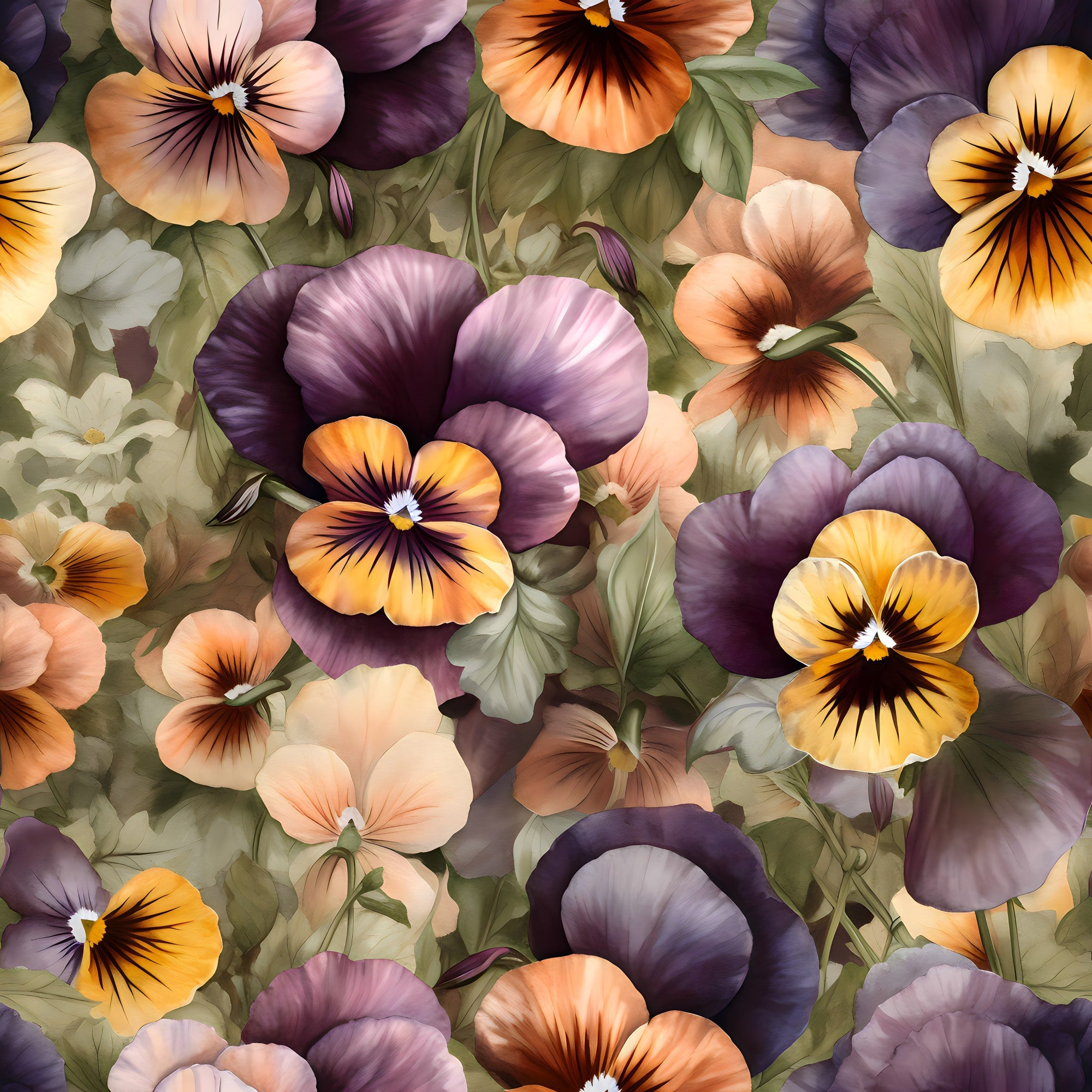 pansy flowers, floral pattern, purple petals, orange blooms, yellow flowers, peach blossoms, green leaves, botanical design,, fabric panel, vintage style, garden flowers, soft pastels, realistic florals, nature motif, spring theme, delicate petals, layered blooms, artistic rendering, seamless pattern