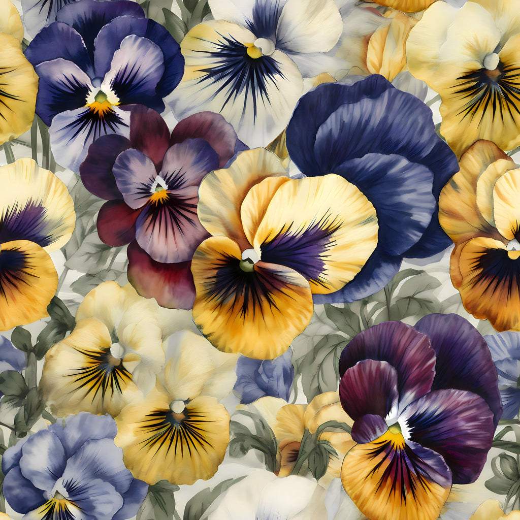 pansy flowers, floral pattern, purple petals, yellow petals, blue petals, white petals, orange petals, burgundy petals, botanical design, garden flowers,, fabric panel, realistic flowers, spring blooms, colorful pansies, green leaves, watercolor style, dense floral, cottage garden, flower faces