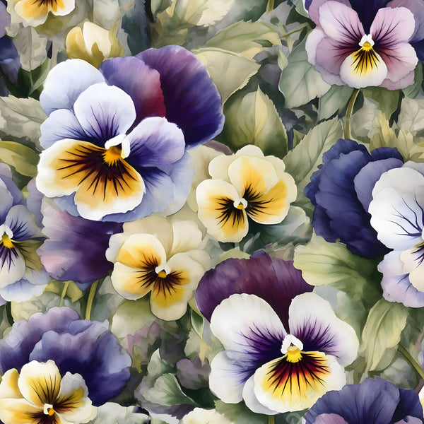 pansy flowers, purple petals, yellow centers, white blooms, lavender hues, deep violet, floral pattern, botanical design,, fabric panel, garden flowers, spring blooms, watercolor style, soft pastels, green foliage, delicate petals, face-like markings, clustered arrangement, nature motif, cottage garden