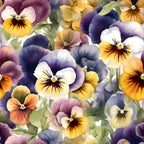 pansy flowers, purple petals, yellow centers, orange blooms, white flowers, lavender hues, floral pattern, botanical design, realistic flowers, garden blooms, spring flowers,, fabric panel, soft colors, delicate petals, flower faces, nature motif, feminine style, crafting material, sewing fabric