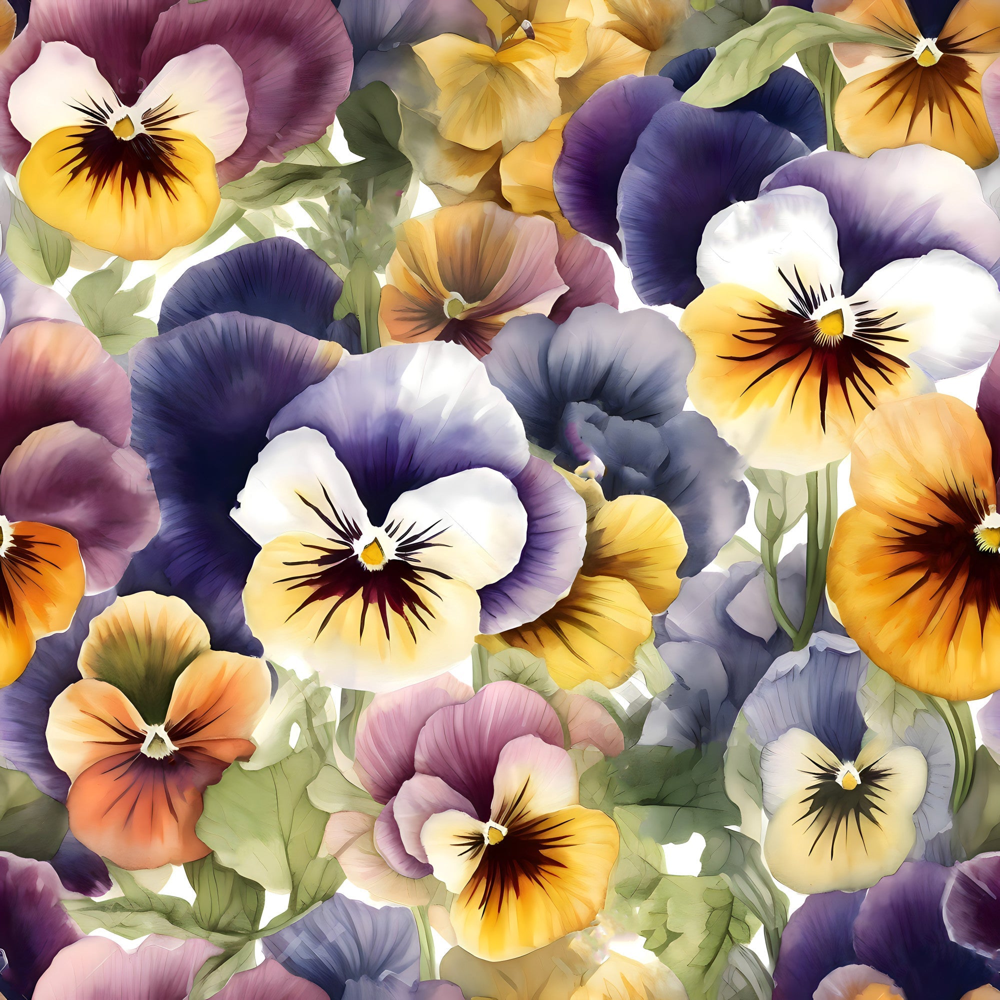 pansy flowers, purple petals, yellow centers, orange blooms, white flowers, lavender hues, floral pattern, botanical design, realistic flowers, garden blooms, spring flowers,, fabric panel, soft colors, delicate petals, flower faces, nature motif, feminine style, crafting material, sewing fabric