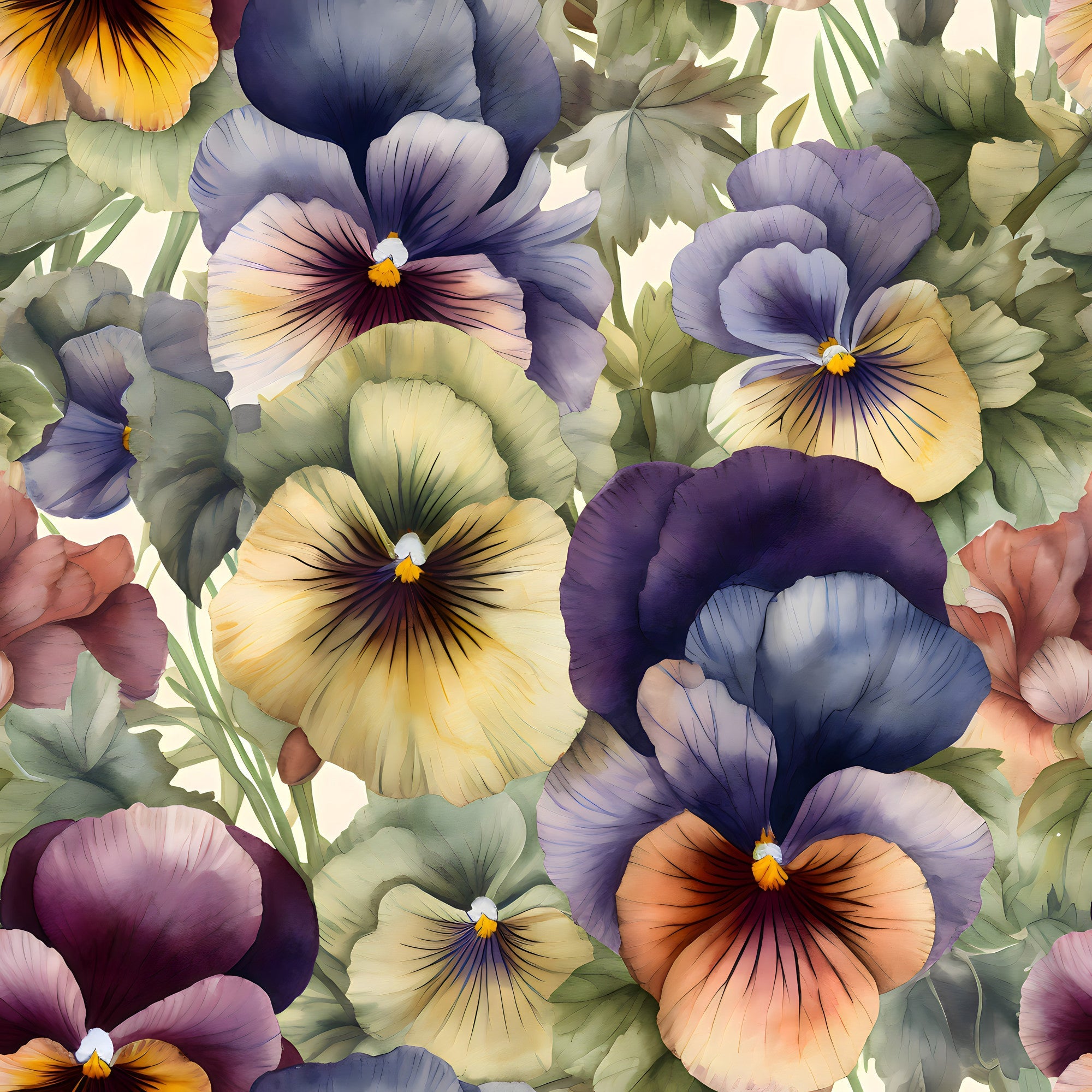 pansy flowers, floral pattern, purple pansies, yellow pansies, orange pansies, watercolor style, botanical design,, fabric panel, green leaves, multi-colored blooms, garden flowers, spring flowers, realistic florals, soft pastels, nature motif, artistic rendering, seamless pattern, cotton fabric, quilting material
