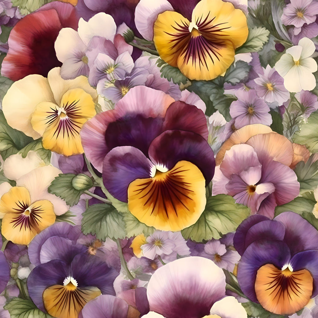 pansy flowers, purple petals, yellow petals, lavender blooms, burgundy flowers, cream colored, green leaves, floral pattern, botanical design,, fabric panel, garden flowers, spring blooms, realistic style, dense arrangement, cottage garden, soft pastels, nature motif, quilting material